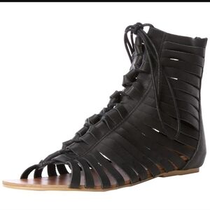 NYLA Liese Black Leather Gladiator Wedge Sandal